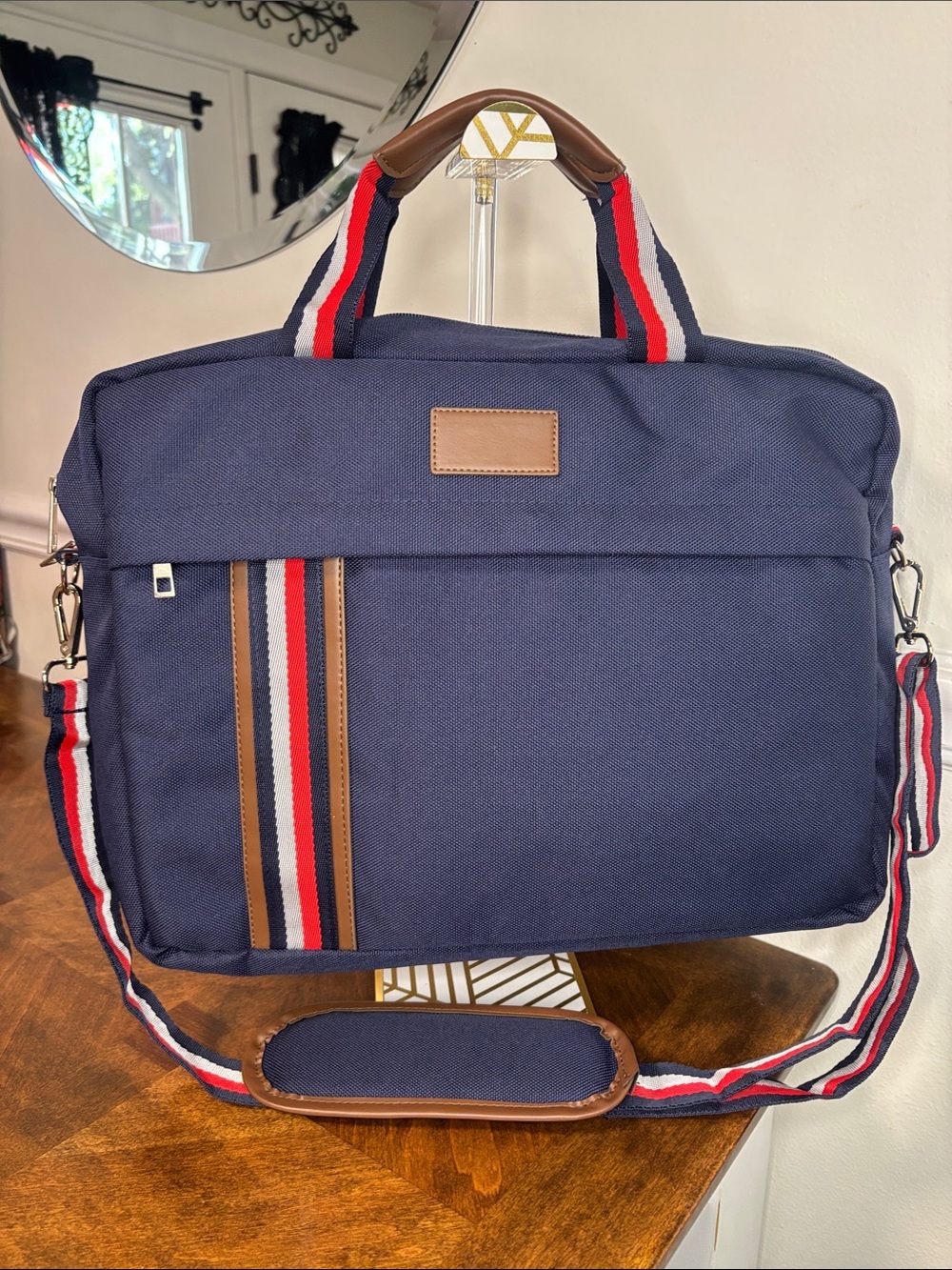 Navy Canvas Laptop Briefcase with Red-White-Blue Accent Strap NWT - Picture 2 of 11
